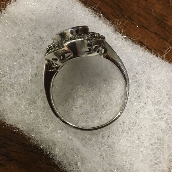Vintage Marquise Cut Black Onyx Cabochon Sterling Silver & Marcasite Ring Sz 9.5 - Picture 9 of 13